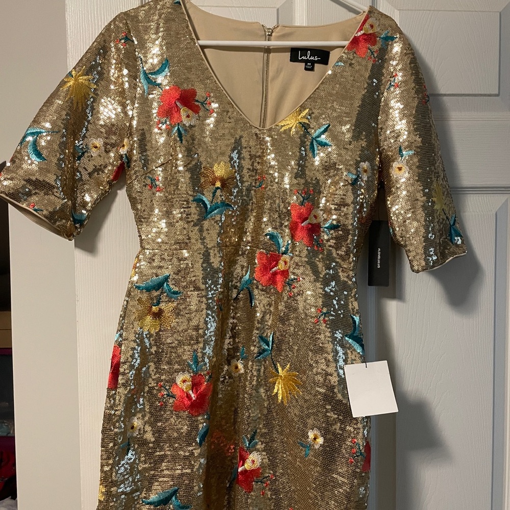 Let It Shine Gold Floral Embroidered Sequin Bodycon Dress